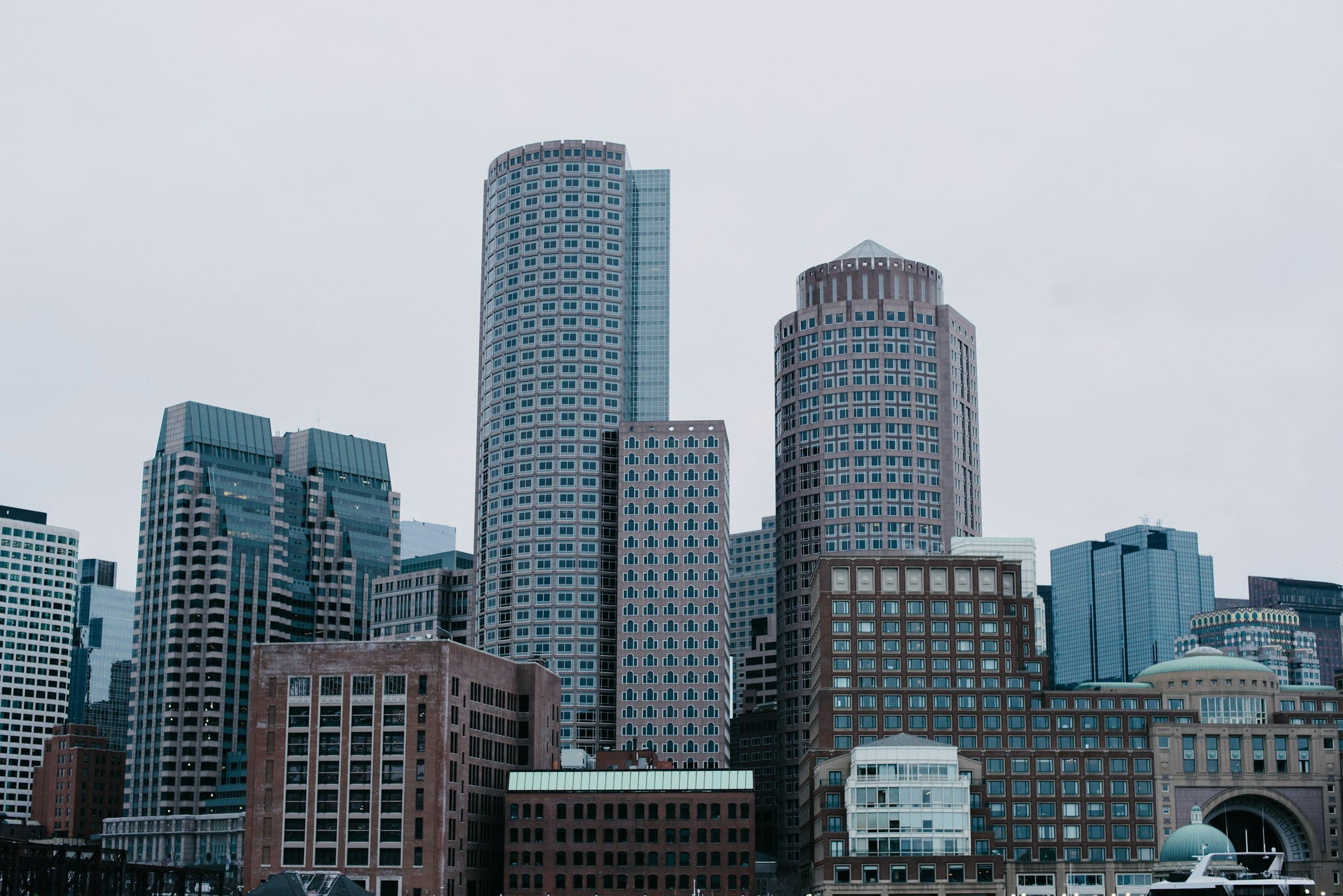 Commercial towers rising above lower city blocks